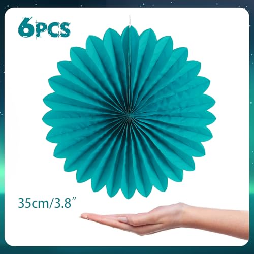 Image of Easy Joy Teal Party Decorations Paper Fans Birthday Wedding Home Party Hanging Decoration, Set of 6 (14 Inches, Teal)