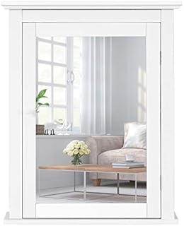 Multigot Wall Mounted Mirror Cabinet, Bathroom Storage Cupboard with Single Door & Adjustable Shelf, Wooden Medicine Organizer Unit(White, with 5-Position Adjustable Shelf)