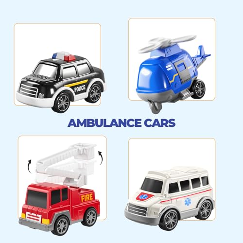 5 in 1 Krankenwagen Kleinkind Lkw Spielzeug für 3 4 5 6 Jahre alte Jungen, Reibung angetriebene Autos mit Hubschrauber, Polizeiauto, Feuerwehr, Krankenwagen, Geburtstagsgeschenke für Mädchen Alter 3-9