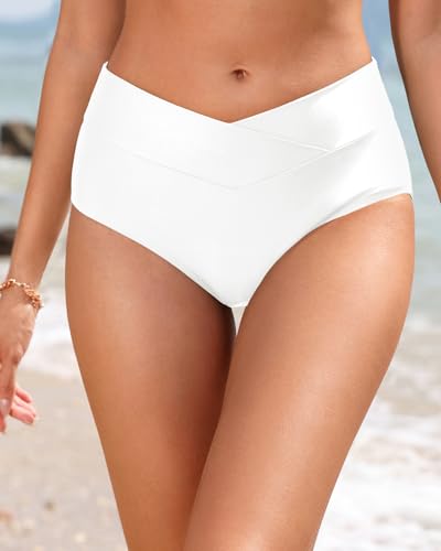 Image of Women V Cut Full Coverage Bikini Bottom - High Waist Swim Bathing Suit Bottoms Cross V Front Swimsuit