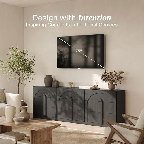 Image of BELLEZE Sideboard Cabinet with 3 Drawers, Set of 3 Modern Wood Buffet Cabinet with Arc Design, Large Fluted Sideboard with Storage for Kitchen Living Room Entryway, Ebony