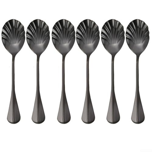 Shell-Shaped Stainless Steel Dessert Spoon Long Handle Elegant Design for Restaurant Wedding Party 6 Pieces Set(black)