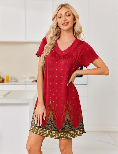 Image of Ekouaer Nightgowns for Women Short Sleeve House Dress with Pockets Pleated Soft Moomoo V Neck Sleepwear
