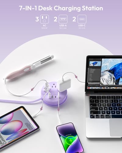 NTONPOWER Purple Travel Power Strip with 3 AC Outlet 4 USB(2 USB C), Dorm Room Essentials 4FT Flat Extension Cord, Purple Desk Accessories Compact fo for Hotel Travel Cruise Essentials - image 3