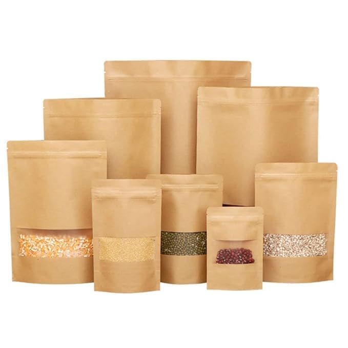 Image of Brown Kraft Paper Zip Lock Stand Up Storage Pouches | 120mm*200mm | 100 Grams | Pack of 200 | Reusable & Airtight Storage Pouches with Transparent Rectangle Window & Self Sealing Technology
