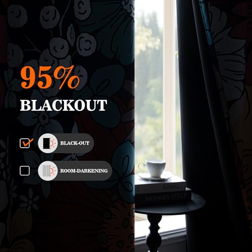 Image of MYSKY HOME Boho Floral Blackout Curtains 84 inch Long for Living Room Thermal Insulated Privacy Protect Noise Reduction Black Out Flower Pattern Grommet Drapes for Dining Room Bedroom, 2 Pcs, 52 inch Wide