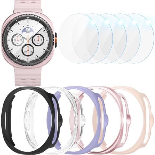 BHARVEST [5+5 Pack] Galaxy Watch 8 Classic 46mm Screen Protector Waterproof Case Protective Cover+Tempered Glass Screen Protector Ultra-Thin Hard PC Guard Bumper For Samsung Galaxy Watch 8 46mm Women