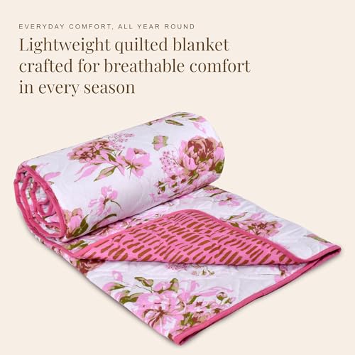 Image of HUESLAND Reversible AC Quilt Blanket Single Bed | 100% Cotton Quilted Shell, Super Soft 120 GSM Microfibre Wadding | Lightweight Comforter for All Weather Use | 55 x 88 inches, Blushing Blooms