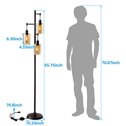 Leonlite Farmhouse Floor Lamp For Living Room, Industrial Tree Standing Lamp With 3 Amber Glass Shades & Incandescent Bulbs, Rustic Vintage Tall Pole Light With Metal Base For Bedroom Office Study #TOP4