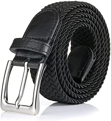 BSLLNEK Elastic Braided Belt, 1 3/8", Woven Stretch Belt for Golf Casual Jeans Shorts Pants (Black, Medium (33-36" Waist))