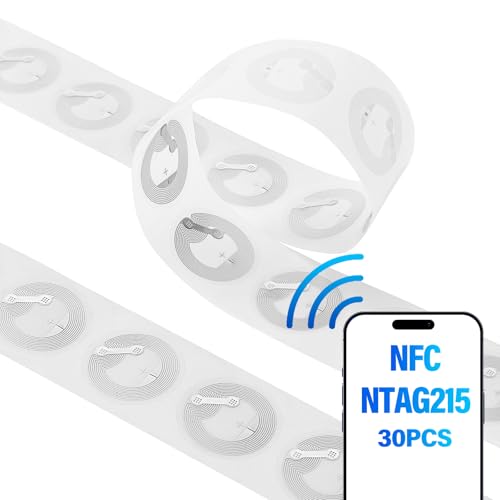 30 Pcs NFC Stickers/NFC Tag, NTAG215 Chip, Transparent Waterproof & Rewritable, 504 Bytes Memory NFC/RFID Tags, Compatible with All NFC Smartphones, Amiibo & TagMo