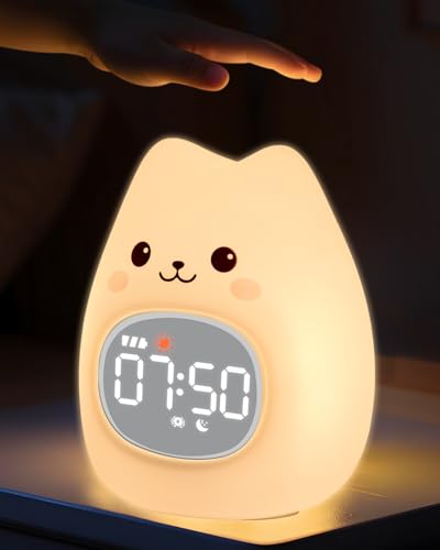 Chat Réveil Enfant Éducatif Jour/Nuit Lumineux en Silicone avec Veilleuse – Réveil Éducatif pour Enfants, Horloge avec Lumière Apaisante, Idéale pour...