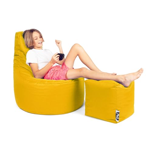 PATCH HOME Patchhome Gamer Cushion Lounge Cushion Bean Bag Armchair Seat Cushion Bean Bag + Cube / Stool with Zip Already Filled (Yellow, XXL - Diameter 80 cm Chair + 35 x 35 cm Cube)