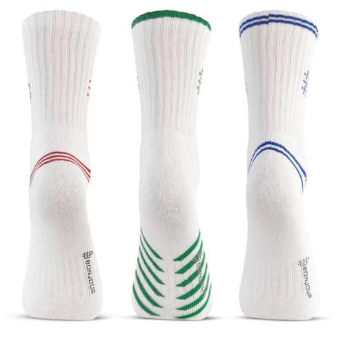 Bonjour Men's Crew Length Cotton Socks | White | Cushioned, Breathable & Stretchable | Ribbed Grip | Casual Everyday Wear | Pack of 3 Pairs - Image 3