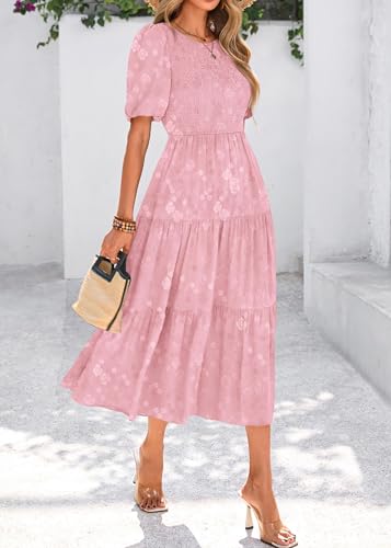 Image of KIRUNDO Womens Summer Dresses Wedding Guest Floral Midi Sundress Short Puff Sleeve Flowy A Line Smocked Tiered Boho Dress