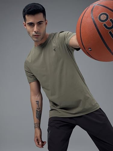 Image of TECHNOSPORT Men's Slim Fit Solid Crew Neck T-Shirt, Cotflex Quick Dry Wrinkle Resistant Polyester Sports Tee for Gym, Running, Training, Sports