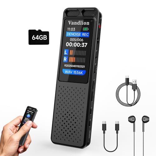 64GB Digital Voice Recorder with Playback, Vandlion 1536Kbps HD Audio, Voice Activated, Noise Reduction, Password – Up to 70 Hours Recording for Lectures, Meetings, Interviews