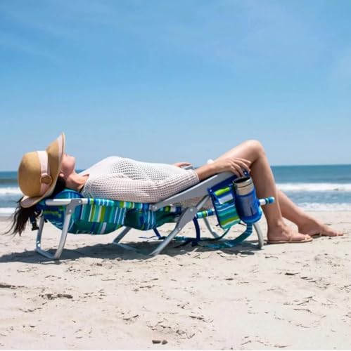 Tommy Bahama 5 Position Beach Chair, Zippered Insulated Cargo Pouch, Cup and Cell Phone Holders, Towel Bar, Pillow for Extra Comfort, Heavy-Duty Weight Capacity, 2-Pack (Aqua Stripes)