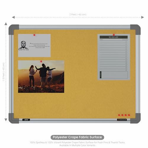 Image of Scholar Art Metis 1.5x2 Feet Bulletin Board for Study Room & Wall | Vibrant & Versatile Crape Cloth + High Density Soft Board for Pinning Photos, Sticky Notes & Reminders (Yellow)