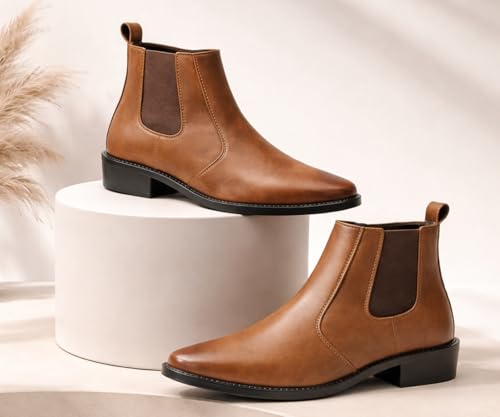 Image of Kraasa Men's Synthetic Leather Chelsea Boots - Slip-On Ankle Boots with Elastic Side Panels & Low Heel, Formal Casual Wear