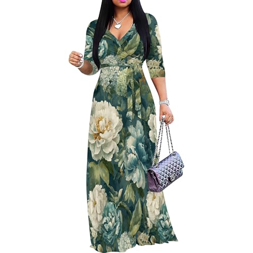Image of Plus Size Dresses for Women Floral Print Maxi Dress Flowy 3 /4 Sleeve with Belt
