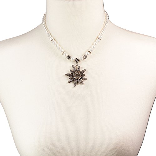 Traditional bavarian pearl necklace Fiona with rhinestones Edelweiss large, Ladies costume jewelry, beaded necklace for Dirndl, Leather trouser, Oktoberfest (cream-white)4