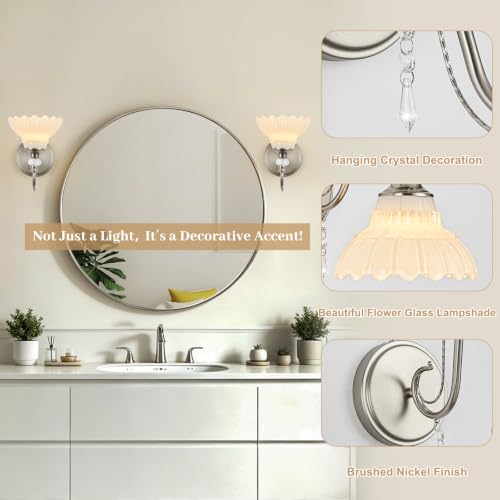 Image of 1 Piece Brushed Nickel Finish Wall Sconce, 1-Light Modern Wall Sconce with Hanging Crystal Accents and Flower-Shaped White Shades for Bathroom Bedroom Living Room,Modern Vanity Light