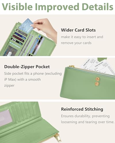 Image of Green Women's Slim Wallet,Thin RFID Card Holder with Zipper Pocket | 12 Slot Wallet Organizer, Large Capacity, Vegan Leather, Coin Purse, Cash Compartment, Travel Wallet, Women Gift