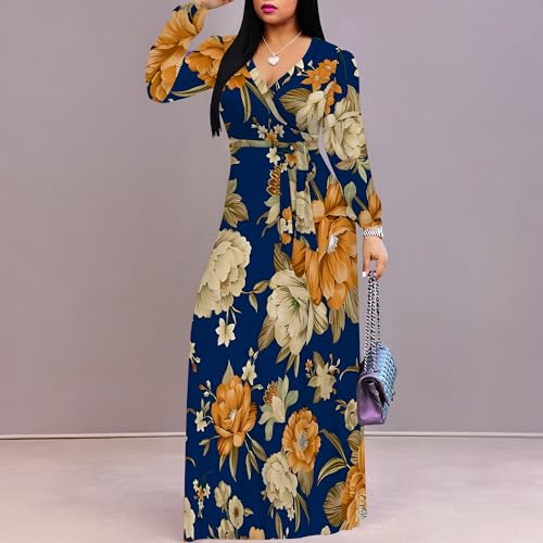 Image of Women Plus Size Long Sleeve V Neck Maxi Dress with Belt | Soft fabric relaxed fit three quarter sleeve v neck with pockets for party and daily wear