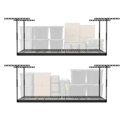 MonsterRax 2-Pack 4×8 Overhead Garage Storage Rack, Gray, 12″-24″ Height | Heavy duty 4×8 ft garage ceiling racks, 500 lb capacity, 24″ to 45″ adjustable drop, scratch-resistant powder coat