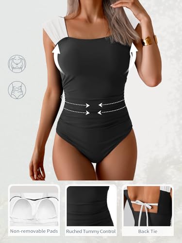 Image of B2prity Womens One Piece Swimsuit Retro Square Neck Tummy Control Bathing Suits Ruched Modest Full Coverage Swimwear