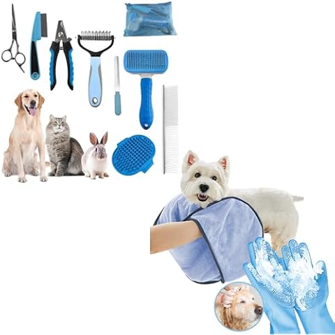 9 PCS Dog Brush for Shedding and 2 PCS Dog Washing Gloves - Quick Drying Dog Towel for All Small Large Dogs Cats Blue Cover