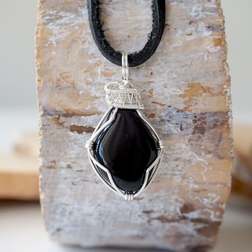 Designs by Nature Gems Onyx Necklace, Handmade Black Onyx Pendant, Comes with a 24 inch Black Leather Cord, Wire Wrapped in Silver Plated, Men's Necklace, December Birthstone2