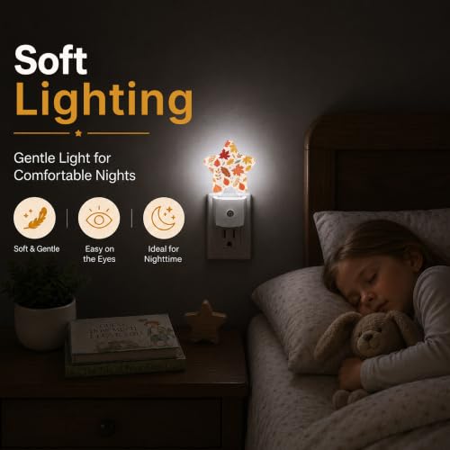 Image of Star Night Light Plug in, Maple Leaves Dusk to Dawn Sensor Night Light, Soft Glow Lamp for Kids Bedroom Nursery Hallway Bathroom, Energy Saving Compact Design