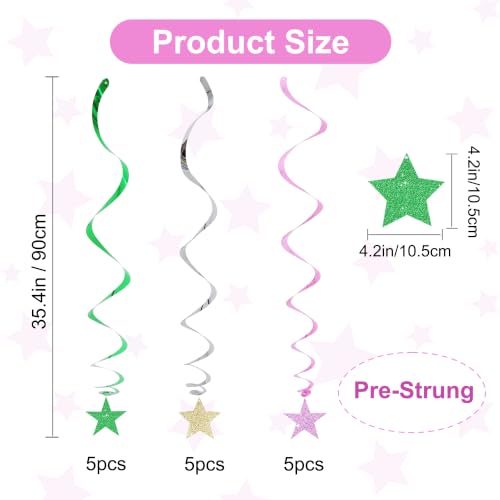 Image of BEISHIDA Green Pink Glitter Stars Hanging Swirls Pre-Strung Hanging Ornament Decorations for Baby Shower Wedding Witch Theme Birthday Party Decorations,Pack of 15
