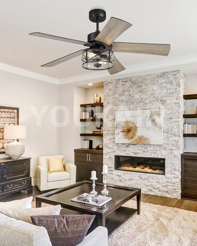 Image of YOUKAIN 48-Inch Farmhouse Ceiling Fan with Light & Remote, Clear Glass | 5 reversible black and wood blades, quiet operation for bedrooms and living rooms