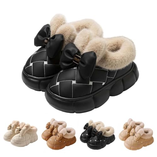 Zureto Women's Cute Bowknot Design Plush Lined Slipper Boots, Winter Warm Anti-Skid Thick Sole Bow Slippers, Waterproof House Slipper