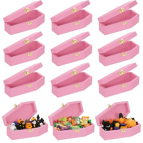 Thyle Mini Halloween Wood Coffin Box Bulk 6 Inch Small Wooden Coffins Unfinished Funeral Box for Candy Treat Goth Jewelry Gift Party Favors Decorations(Pink,9 Pcs)