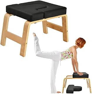 Maxmass Yoga Headstand Chair, Wooden Inversion Training Bench with Detachable PU Pads, Upside Down Stool for Balance Training Core Strength