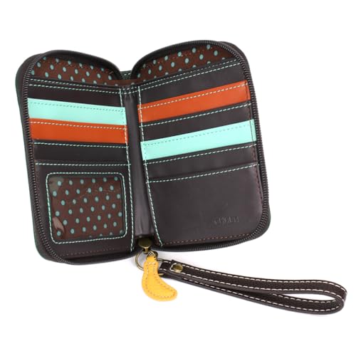 Image of CHALA Zip Around Wallet, Wristlet, 8 Credit Card Slots, Sturdy Pu Leather - Monkey with Bananas - dark green