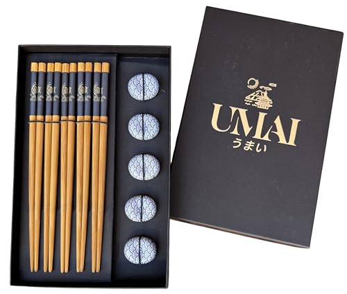 UMAI Set di bacchette giapponesi | 5 paia riutilizzabili + 5 supporti in ceramica | Ideale per cibo cinese e sushi | Astuccio elegante