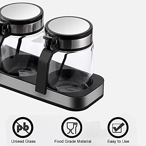 Condiment Jar Spice Container With 304 Stainless Steel Lids & Plastic Spoons,Clear Glass Condiment Canisters Pots Seasoning Box Salt Container Sugar Bowl Set Of 3 For Kitchen, Counter, Food Storage #TOP4