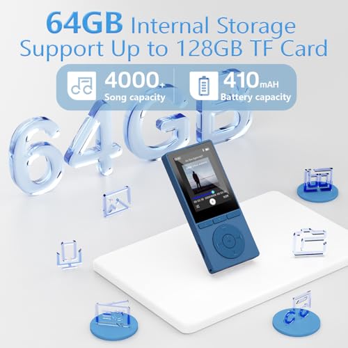 Image of 64GB MP3 Player with Bluetooth 5.3, Color Screen 2.4 inch, Music Player with HiFi Sound, MP3 Players Built in HD Speaker Voice Recorder E-Book, Expanded Up to 128GB, Earphone Included, for Sports Runner