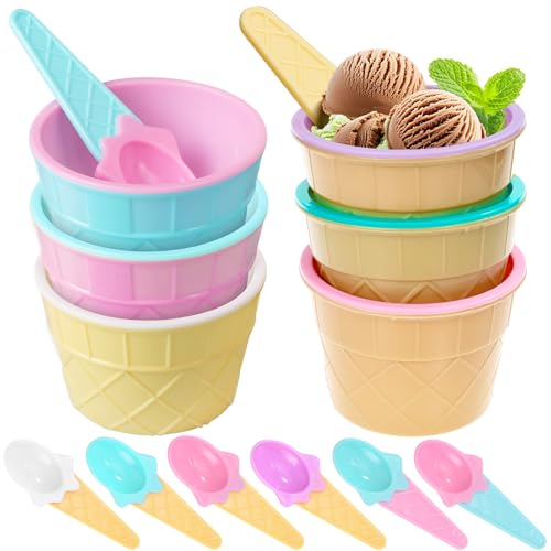 Bailtouk 6 Stück Eisbecher mit Löffeln, Rund Plastik Dessertgläser, Wiederverwendbare Eisbecher Schale Bunte Eisschalen Kinder für Dessert, Joghurt, Snack, Eiscreme (6 Farben)