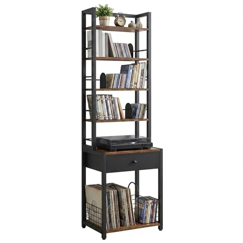 VIPLEEO CD Storage Rack 6-Tier DVD Organizer Shelf with Drawer & Adjustable Book Stoppers Vinyl Record Holder &Multi-Purpose Media Organizer Ideal for Living Room/Home Office 15.7x11.8x64.3Inch