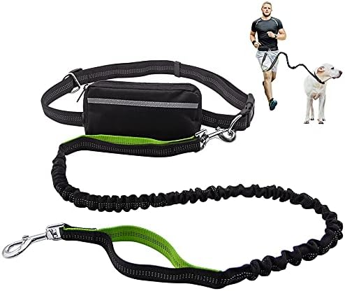 Hands Free Dog Lead for Running Walking Training Hiking, Dual-Handle Shock Absorbing Reflective Bungee, Adjustable Waist Belt and Pouch, Ideal for Medium to Large Dogs(Black/Green)