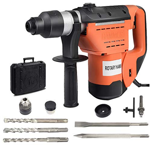 Goplus SDS Rotary Hammer, 1-1/2 inch 10 Amp Electric Rotary Hammer Drill with Vibration Control, 3 Drill Functions, Plus Demolition Bits, Includes 3 Drill Bits,Point and Flat Chisel with Case (Orange)