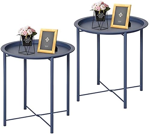 VECELO Side/End Table, Folding Round Metal Anti-Rust and Waterproof Outdoor or Indoor Tray for Living Room Bedroom Balcony and Office, 2 PCS, Blue