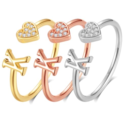 3 Pieces CZ Heart Initial Wedding Rings for Women Capital Letter Stackable Ring Adjustable Open Alphabet Promise Rings Engagement Jewelry Gifts (Letter K, 3x Gold-Rose Gold-Silver)