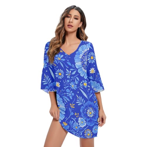 Mousseline de soie pour dames robe col en V coupe A-line bleu aquarelle fleurs